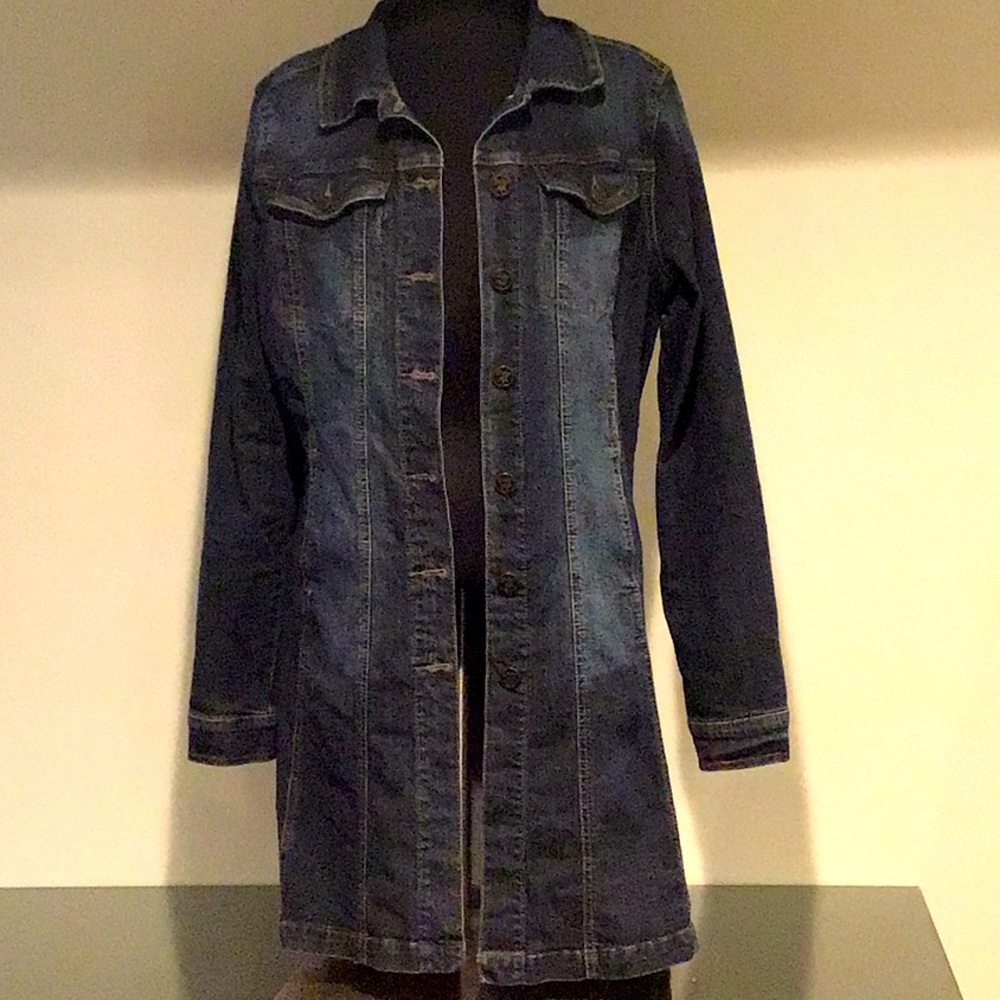 Indigo rein knee length Jean jacket great shape